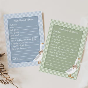 May include: Two baby shower prediction and advice cards. One is blue, the other is green, both with a checkered border. Each card has a goose illustration with a bow. The cards have lines for guests to fill out predictions.