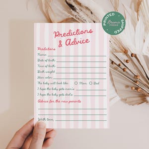May include: A baby shower game card with pink and white vertical stripes. The card features the text "Predictions & Advice" in red script. It includes prompts for predictions about the baby's birth and advice for the parents.