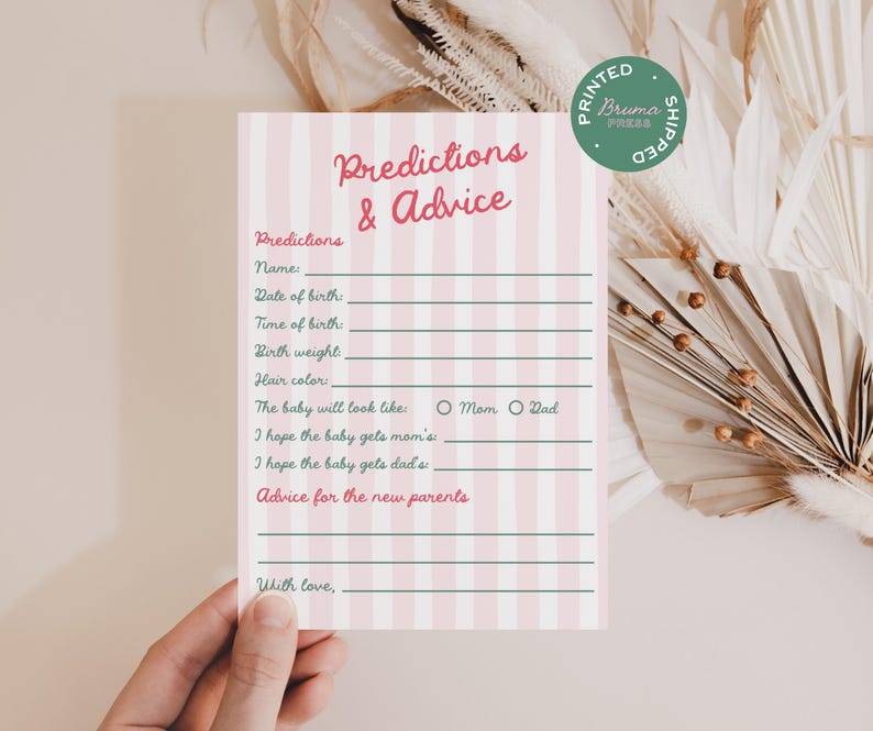 May include: A baby shower game card with pink and white vertical stripes. The card features the text "Predictions & Advice" in red script. It includes prompts for predictions about the baby's birth and advice for the parents.