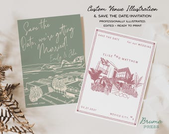 Custom Wedding Venue Illustration + Save The Date Card