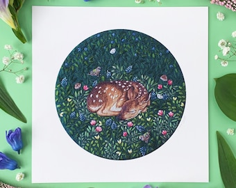 Fawn with Goldcrests Art Print | Giclee Print | British Wildlife