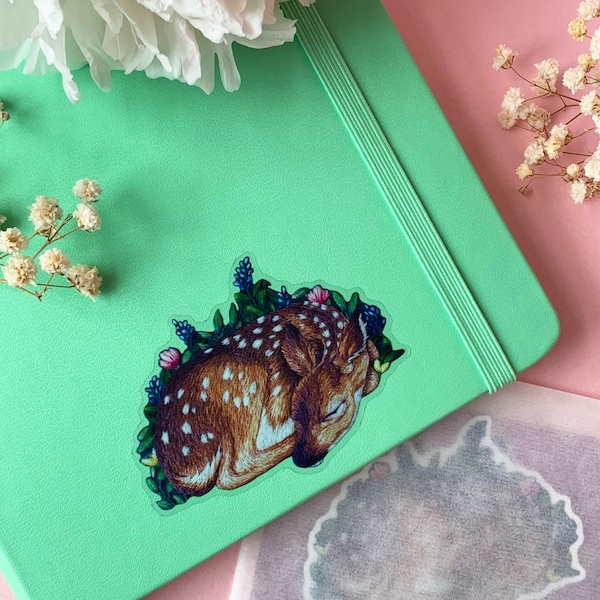 Sleeping Fawn Clear Vinyl Sticker | British Wildlife | 7x5cm