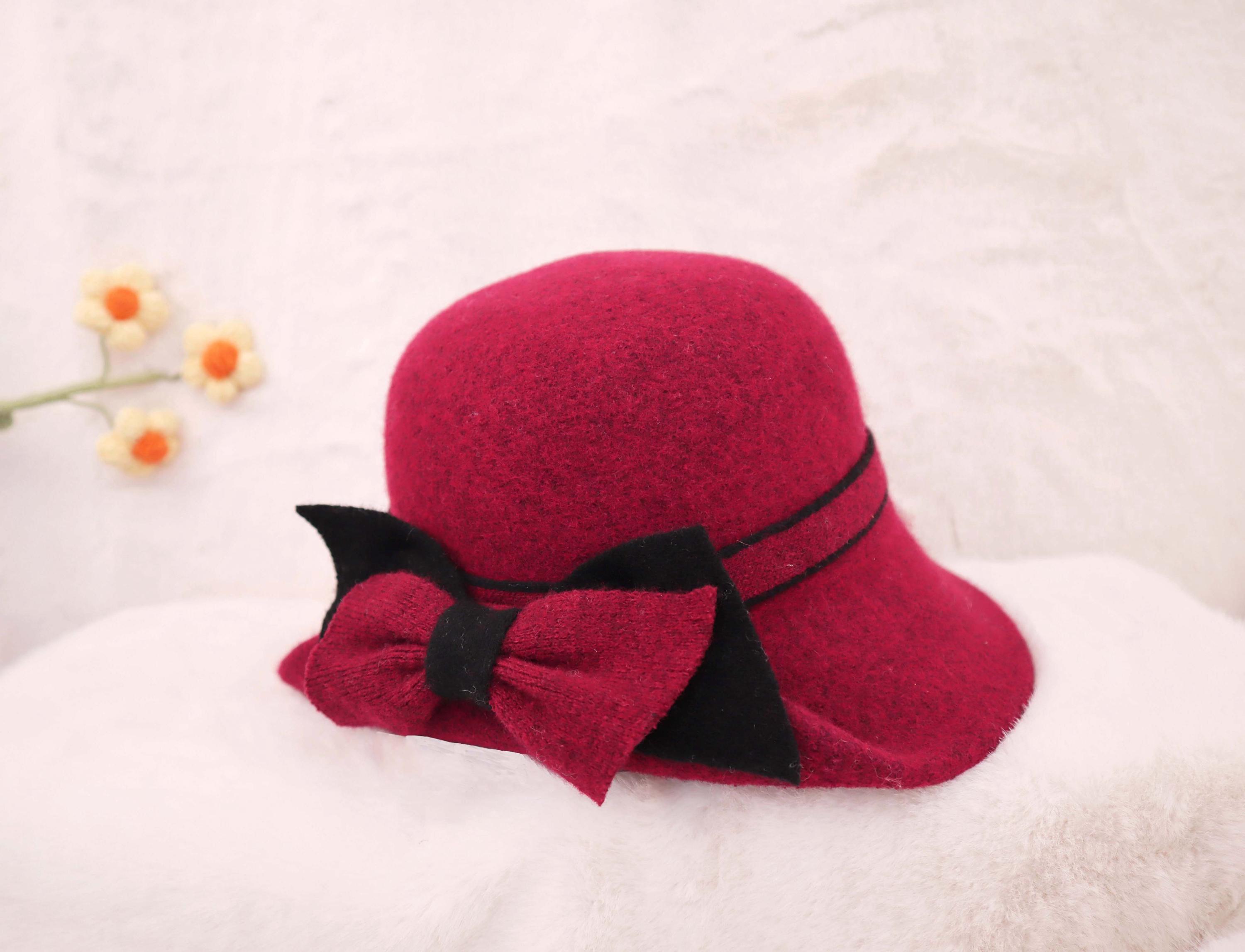 100% Wool Bucket Hat with Bow Accent Adjustable Winter Cloche Women Cloche Hat With Knit Bow, Wool Winter Cloche, Black  main image 4