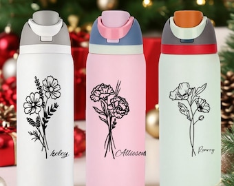 Botella de agua de acero inoxidable personalizada con flores, regalo para profesores con nombre personalizado