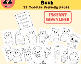 Può includere: Pagine da colorare per bambini con animali in bianco e nero. L'immagine presenta illustrazioni di vari animali, con il testo "My First Animal Coloring Book". Il testo "Instant Download" è anch'esso presente.