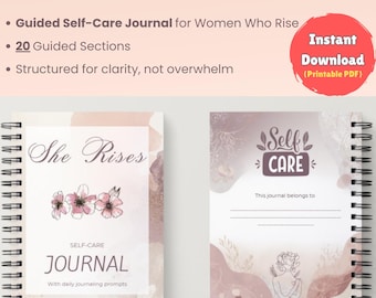 SHE RISES zelfzorgdagboek afdrukbaar | Begeleide dagboekaanwijzingen voor vrouwen| Reflectie op kracht en groei | Directe download met omslag