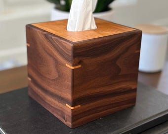 Hardwood Square Tissue Box Cover, Handcrafted Walnut, Cherry, Maple