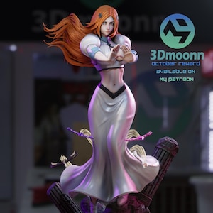 May include: A detailed figurine of a female anime character with long orange hair, wearing a white and light blue outfit. The figure is posed with hands together, and the base has the text "3Dmoonnn October Reward Available on My Patreon".