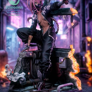 May include: A detailed figurine of a pink-haired character in a black tactical jumpsuit and mask, holding a handgun. The character is posed on a ruined concrete structure with glowing orange edges, featuring text 3Dmoonn July reward available on my patreon.