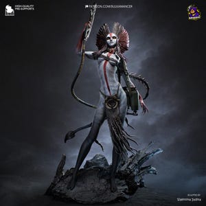 May include: A detailed sculpture of a humanoid figure with a tribal aesthetic. The figure has a pale blue skin tone, adorned with red and white markings. It holds a weapon and is posed on a rocky base. The sculpture has a headdress and intricate details.