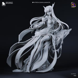 May include: A detailed, light gray figurine of a female character with long flowing hair and elaborate clothing. The figure is posed dynamically, with flowing fabric and intricate details. The base is textured, and the figure is sculpted by Kai.