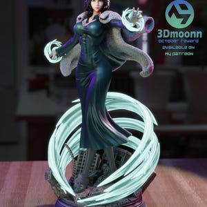 May include: A detailed figurine of a woman in a long, dark green dress and a fur-trimmed cape. She is surrounded by glowing blue energy effects. The base features a cityscape. Text on the image includes "3Dmoonn" and "October Reward".