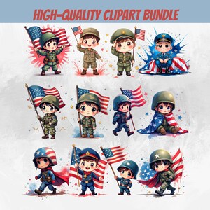 Könnte beinhalten: Ein digitales Clipart-Bundle mit Cartoon-Illustrationen von Kindern in Soldatenuniformen, die salutieren und amerikanische Flaggen halten. Der Titel "HIGH-QUALITY CLIPART BUNDLE" wird oben angezeigt. Die Illustrationen sind im niedlichen Cartoon-Stil mit patriotischen Themen.