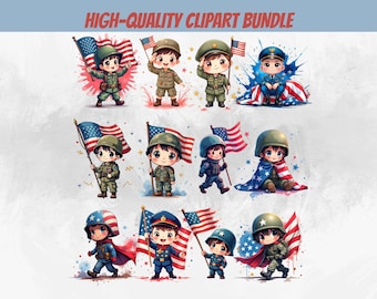 Patriotic Kids Clipart Bundle PNG, Military Soldier Cartoon, USA Flag Sublimation, 4th July Graphic, Instant Download