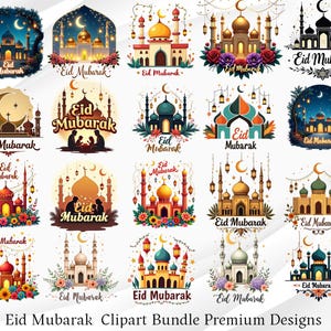 Op de afbeelding: Een verzameling kleurrijke digitale illustraties met moskeeën, manen en bloemmotieven. Elk ontwerp bevat de tekst "Eid Mubarak" in verschillende lettertypen en stijlen, perfect voor islamitische feestdagen.