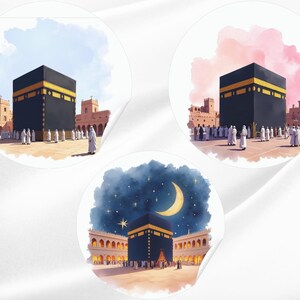 May include: Three circular stickers with watercolour illustrations of the Kaaba in Mecca. The Kaaba is shown in various settings: daytime with blue skies, sunset with pink clouds, and night with a crescent moon and stars.