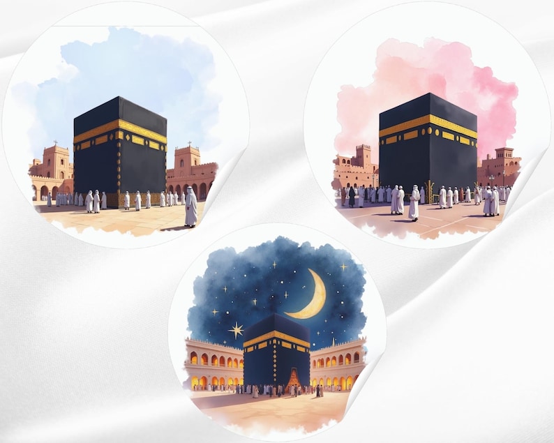 May include: Three circular stickers with watercolour illustrations of the Kaaba in Mecca. The Kaaba is shown in various settings: daytime with blue skies, sunset with pink clouds, and night with a crescent moon and stars.