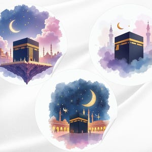 May include: Three circular stickers showcasing watercolour illustrations of the Kaaba in Mecca. Each sticker presents the Kaaba with a crescent moon, stars, and surrounding mosques, set against a backdrop of clouds in shades of blue, purple, and pink.