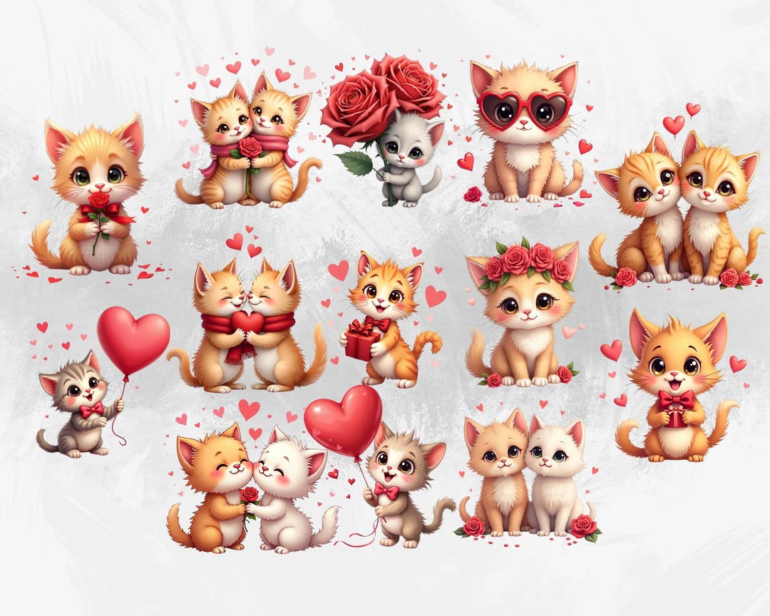 Chibi Valentine Cat Clipart PNG Bundle | Cute Kawaii Love Cats ...
