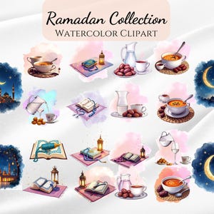 May include: A watercolour clipart collection with Ramadan themes. The image shows dates, coffee, soup, a mosque, a crescent moon, a prayer mat, a lantern, and an open book. The text "Ramadan Collection WATERCOLOR CLIPART" is at the top.