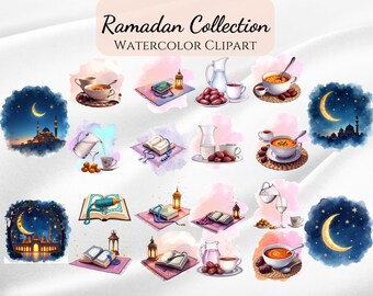 Ramadan Watercolor Clipart Bundle | Islamic Iftar and Quran PNG | Crescent Moon & Mosque Art | Digital Download