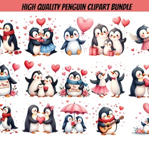 Könnte beinhalten: Eine Sammlung von Aquarell-Pinguin-Clipart-Illustrationen. Die Pinguine werden in verschiedenen romantischen und liebevollen Posen dargestellt, halten herzförmige Ballons, Geschenke und Schilder mit der Aufschrift "Be Mine". Das Bild trägt den Titel "HIGH QUALITY PENGUIN CLIPART BUNDLE".