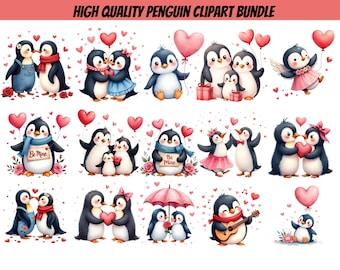 Whimsical Valentines Penguin Clipart Bundle PNG | Cute Penguin Love Graphics | Hearts Balloons Roses | Commercial Use