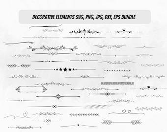 May include: A selection of black decorative elements, such as lines, borders, and flourishes. The designs include stars, hearts, floral motifs, and geometric patterns. Text at the top reads "DECORATIVE ELEMENTS SVG, PNG, JPG, DXF, EPS BUNDLE."
