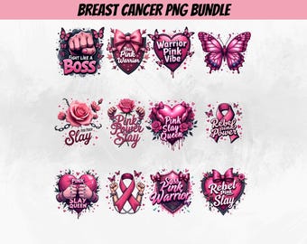 Fight Cancer PNG-bundel, Pink Ribbon Awareness clipart, Breast Cancer Survivor Quotes, Hope Strength Warrior sublimatie, digitale download