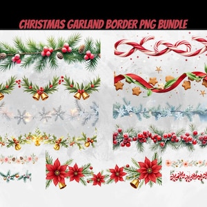 以下が含まれることがあります： 水彩画のクリスマスガーランドボーダーのコレクション。ボーダーには、赤い実と松ぼっくりが付いた松の枝、キャンディケイン、ジンジャーブレッドクッキー、雪の結晶、ポインセチアが含まれています。「Christmas Garland Border PNG Bundle」というテキストが上部にあります。