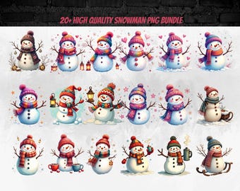 Christmas Snowman PNG Bundle, 20+ Cute Watercolor Winter Cliparts, Rustic Holiday Sublimation Art, Festive Snowman Designs, Digital Download
