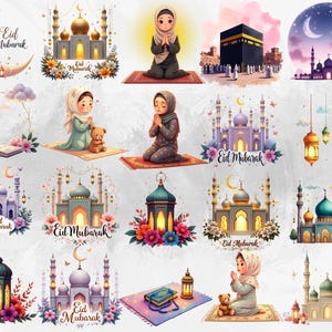 Może przedstawiać: Zbiór akwarelowych ilustracji z motywami islamskimi. Obrazy przedstawiają meczety, latarnie, modlące się postacie oraz tekst "Eid Mubarak" w różnych wzorach, z kwiatowymi i półksiężycowymi akcentami.