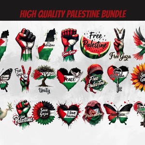 以下が含まれることがあります： パレスチナをテーマにしたデジタルイラストのコレクション。デザインには、地図、拳、平和のサイン、スイカのスライス、鳩、蝶、木、ハートが含まれており、すべてパレスチナの国旗の色を使用しています。「Free Palestine」と「Save Gaza」の文字が含まれています。