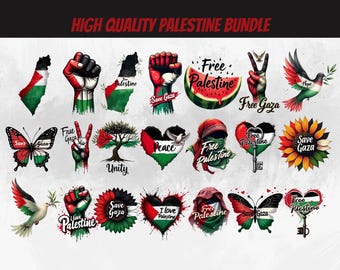 May include: A collection of digital illustrations with themes of Palestine. The designs include a map, a fist, a peace sign, a watermelon slice, a dove, a butterfly, a tree, and hearts, all incorporating the colors of the Palestinian flag. Text includes "Free Palestine" and "Save Gaza".