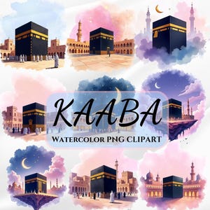 Pode incluir: Clipart em aquarela com múltiplas representações da Kaaba, uma estrutura preta em forma de cubo, contra fundos coloridos e sonhadores. O texto "KAABA WATERCOLOR PNG CLIPART" está sobreposto.