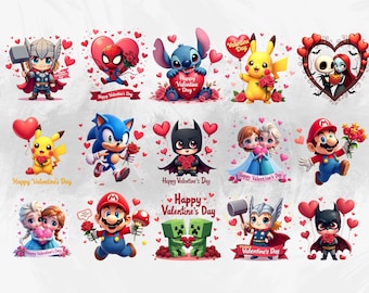 Valentijn superheld clipartbundel png | Cartoon Hero Love Graphics | Kinderen Valentijn afdrukbaar | Digitale download