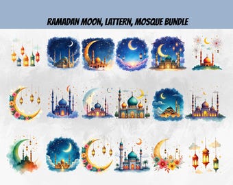 Ramadan Mubarak PNG Bundle, Crescent Moon & Mosque Clipart, Islamic Digital Art, Eid Mubarak Watercolor Designs, Ramadan Kareem Graphics