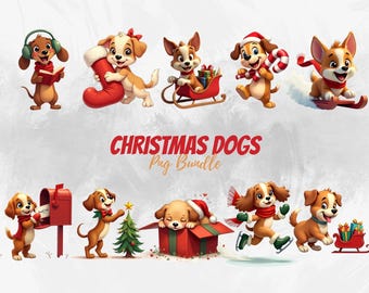 May include: A selection of cartoon dogs dressed for Christmas. The dogs are shown with festive items such as a stocking, candy cane, sled, and gifts. The text "CHRISTMAS DOGS Pug Bundle" is displayed in red and gold.