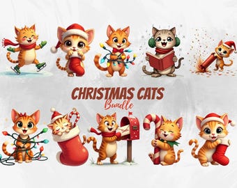 Christmas Cats PNG Bundle: Festive Holiday Kitten Clipart, Santa Cat Illustrations, Winter Pets Digital Download for Crafts (20 PNGs)