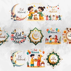 May include: A collection of colorful illustrations with the text "Eid Mubarak." The images feature children exchanging gifts, crescent moons, lanterns, floral wreaths, and decorative frames. The designs are festive and celebratory.