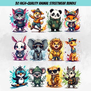 May include: A collection of 12 cartoon animal characters in streetwear attire. The animals include a cat, dog, panda, fox, rabbit, elephant, lion, giraffe, penguin, koala, bear, and squirrel. The image has the text "30 HIGH-QUALITY ANIMAL STREETWEAR BUNDLE" at the top.