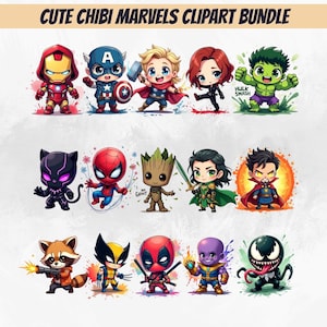 Könnte beinhalten: Eine Sammlung von niedlichen Chibi-Marvel-Charakteren in einem Clipart-Paket. Die Charaktere umfassen Iron Man, Captain America, Thor, Black Widow, Hulk, Black Panther, Spider-Man, Groot, Loki, Doctor Strange, Rocket, Wolverine, Deadpool, Thanos und Venom.