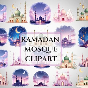 May include: A collection of watercolor illustrations featuring mosques with domes and minarets, set against night skies with crescent moons and stars. The text "RAMADAN MOSQUE CLIPART" is displayed in the center.