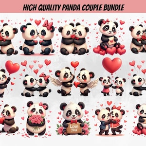May include: A collection of cartoon panda illustrations in various poses, holding hearts, roses, and love letters. The pandas are black and white with red accents, surrounded by floating hearts. Text at the top reads "HIGH QUALITY PANDA COUPLE BUNDLE."