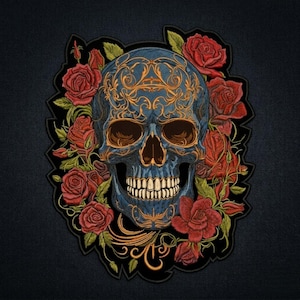 Large Blue and Gold Embroidered Skull Patch with Roses, Iron-On Back Patch for Jackets and Bags, Gothic Punk Accessory