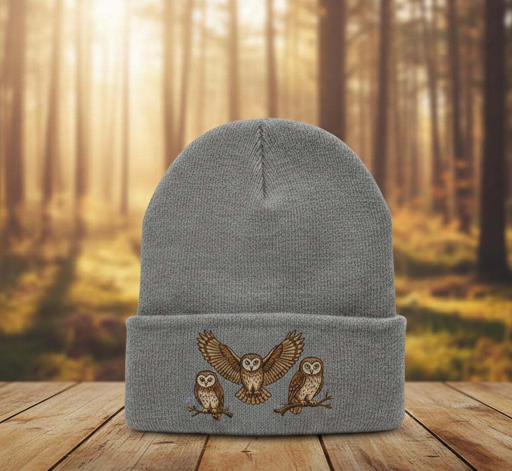 Embroidered Burrowing Owl Beanie, Recycled Knit Cuffed Hat, Cute Owl Winter Beanie, Nature Lover Gif