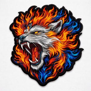 May include: Embroidered patch depicting a snarling wolf with a fiery mane. The wolf's fur is white, with orange and blue flames around its head. The patch has a black border and is designed for application on clothing or accessories.
