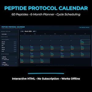 Puede incluir: Una interfaz de calendario digital, el "Peptide Protocol Calendar", en azul oscuro. Es un planificador de 6 meses para la programación de ciclos, con "60 Péptidos" y "Marzo 2026" mostrados. La interfaz también presenta texto "HTML interactivo" y "Funciona sin conexión".