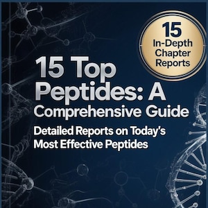Puede incluir: Portada de libro con fondo azul oscuro y texto blanco. El título dice "15 Top Peptides: A Comprehensive Guide". Un círculo dorado en la esquina superior derecha dice "15 In-Depth Chapter Reports".