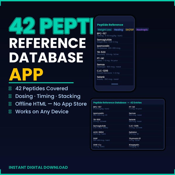 Peptide Reference Database | 42 Peptide Guide | Dosing Timing Stacking | BPC-157 Semaglutide TB-500 | HTML Research App